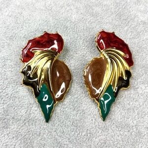 Vintage 80s Enamel and Brass Statement Multicolor Leaf Earrings